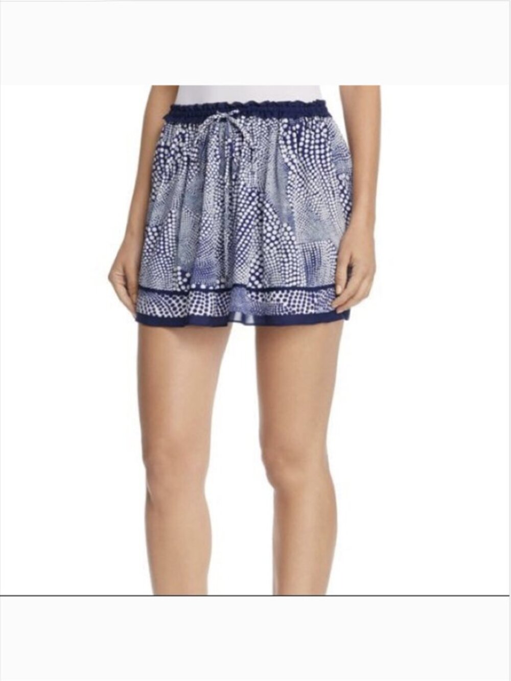 Ramy Brook Silk Mini Skirt S Blue White Polka Dots Geo Print Drawcord Lined